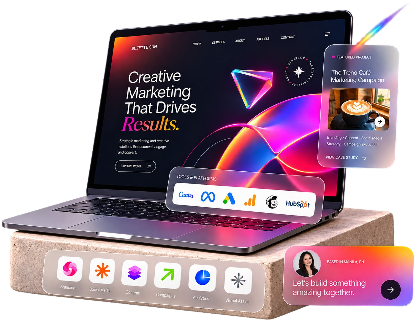 Suzette Sun portfolio hero: laptop workspace with featured project, tools, services, and contact card