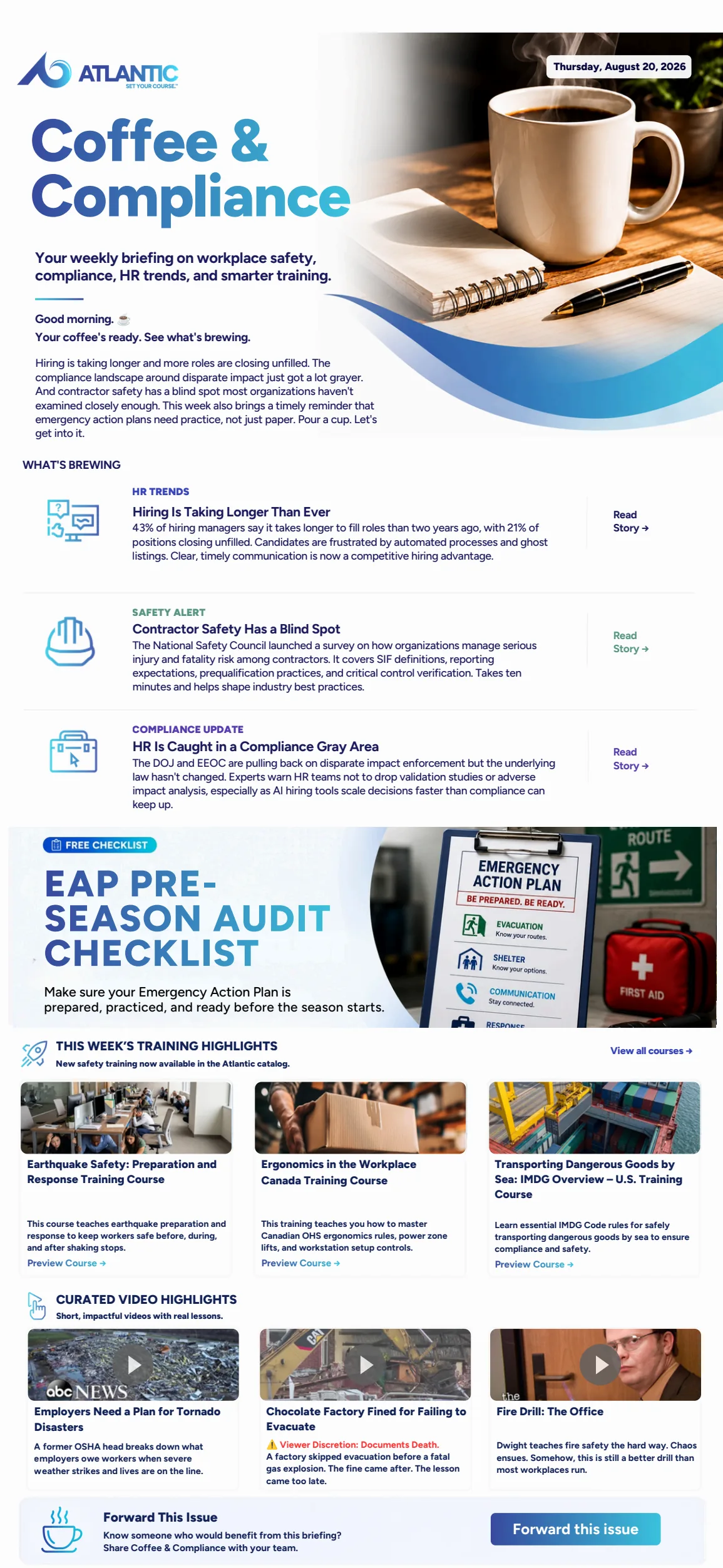 Coffee & Compliance webinar email design with speaker lineup and registration call to action